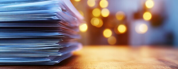 The Stack of Papers on a Wooden Desk with Warm Bokeh Lights in Background