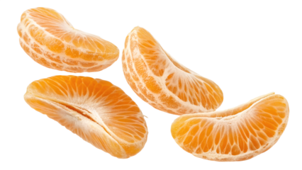 Four peeled tangerine or mandarin orange segments falling in mid-air, isolated on a transparent PNG background. Fresh citrus fruit slices perfect for food design, juice packaging, healthy diet concept