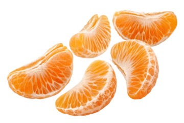 Four peeled tangerine or mandarin orange segments falling in mid-air, isolated on a transparent PNG background. Fresh citrus fruit slices perfect for food design, juice packaging, healthy diet concept
