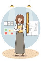 Female architect with curly hair holding ruler and project plans