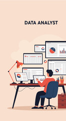 Man Analyzing Charts and Data on Multiple Computer Monitors