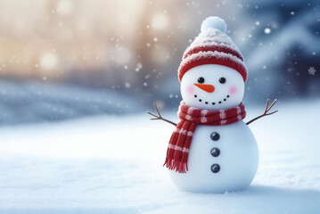 Fototapeta premium Cute snowman outside. Merry Christmas and happy new year. winter holidays. watercolor drawing. artificial intelligence generator, AI, neural network image. background for the design