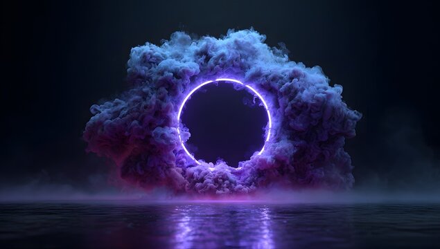 Ethereal glowing portal ring surrounded by swirling cosmic nebula mist and reflected light on a dark surface isolated on transparent background - Powered by Adobe