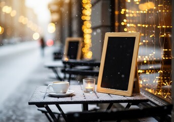 A cozy cafe mockup setting with a snowy street view, featuring a cup of coffee and a lit candle on a table, decorated with warm fairy lights.