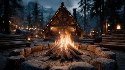 焚き火が燃える夜のキャンプ場とAフレームの山小屋 | Campfire burning at night in a forest clearing with an A-frame cabin in the background