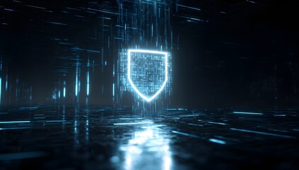 Futuristic glowing neon blue shield emblem representing digital security and data protection in a dark technological environment isolated on transparent background