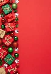 Festive arrangement of green and red gifts, ornaments, and holiday decorations on a vibrant red background, mockup Christmas celebrations.