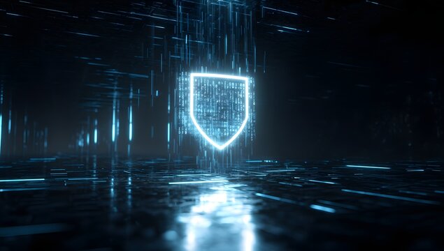 Futuristic glowing neon blue shield emblem representing digital security and data protection in a dark technological environment isolated on transparent background