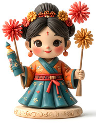 Celebration of spring with oriental doll holding flowers on sticks