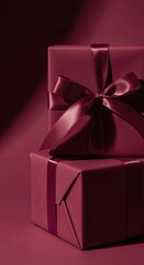 Two elegantly wrapped gifts in deep burgundy with shiny ribbons, set against a soft gradient background.