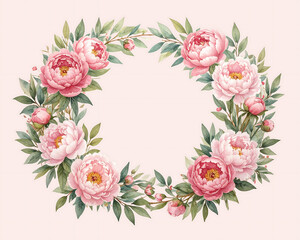 Pink peonies whisper secrets in a wreath of gentle leaves