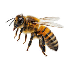 Honey bee flying, detailed close-up showcasing intricate wing structure and striped body, perfect for nature documentaries or environmental conservation campaigns