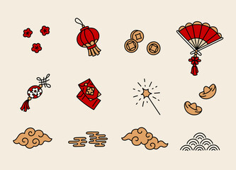 Set elements for Chinese New Year. Oriental Collection of red envelope, coins, gold ingots, clouds, flowers, fan, talismans, fireworks, lantern, auspicious symbols. Asian holiday clip art