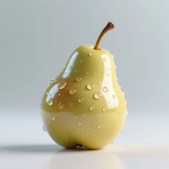 A fresh, ripe pear with water droplets on its glossy skin, isolated on a clean white background