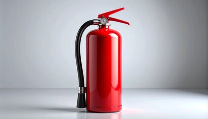 Red fire extinguisher with black hose on gray background
