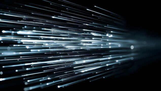 Abstract visualization of fast moving light streaks and digital data streams in a futuristic technological concept isolated on transparent background