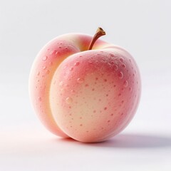 A fresh, ripe peach with dew drops on its fuzzy skin, isolated on a clean white background