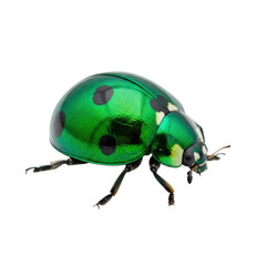 Stunningly detailed macro of a vibrant, iridescent green ladybug with striking black spots, crawling gracefully, perfect for nature or science projects