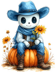 Cutest skeleton cowboy sits on a Pumpkin holding a Sunflower on Halloween