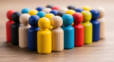 Cultural competence in the workplace, A vibrant collection of wooden figurines in various colors, arranged closely together on a wooden surface, playful diversity.