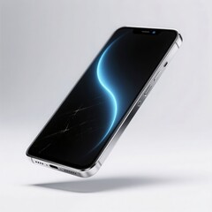A sleek, modern smartphone with a glowing blue line on its screen, floating against a light gray background