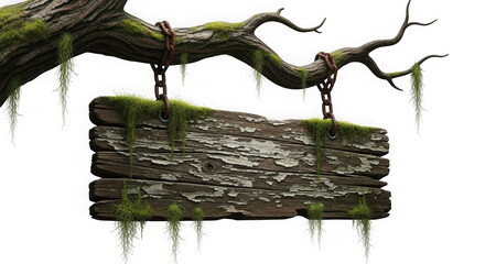 3d ancient wooden sign with moss and icicles isolated on transparent background