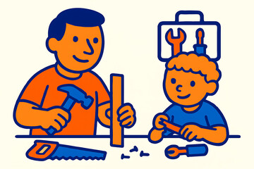 Father and son building together on saturday morning in the workshop