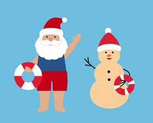 Set of Beach Christmas santa claus and Sand Snowman  flat vector illustration.
Summer christmas cartoon clipart.
