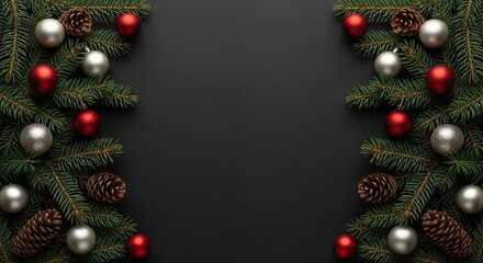 A festive arrangement of pine branches, red and silver ornaments, and pinecones on a dark mockup background, holiday decorations.