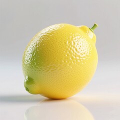 A vibrant, fresh lemon with a glossy, textured peel, isolated on a white reflective surface