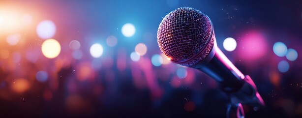 The Microphone in Front of Colorful Bokeh Lights at a Live Concert Stage