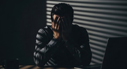 Mental Health in the workplace, A man sitting at a desk, covering his face with his hands, appears distressed under shadows from blinds and a laptop nearby.