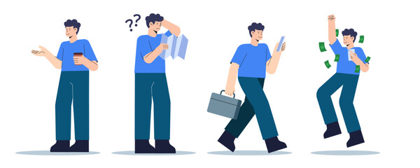 Minimalist Flat Style Businessman in Different Situations Character Illustration