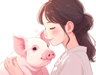 Gentle affection a girl shares with her little piglet friend
