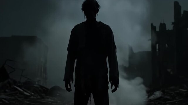 lone zombie walking through destroyed post apocalyptic city
