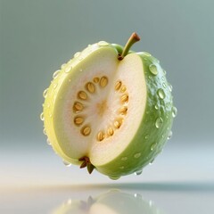 A halved, juicy guava with water droplets on its skin and visible seeds, isolated on a soft green background