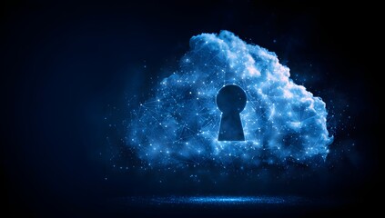 Digital abstract cloud formation with a glowing keyhole symbol representing secure data storage and access isolated on transparent background