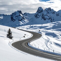 Winding road through snow-covered mountains under cloudy skies, a tree on the left