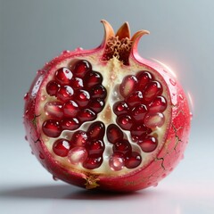 A halved, juicy pomegranate with glistening red arils and water droplets, isolated on a soft gray background