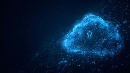 Abstract glowing blue digital cloud shape with a subtle keyhole symbol inside representing data security and cloud computing concepts isolated on transparent background