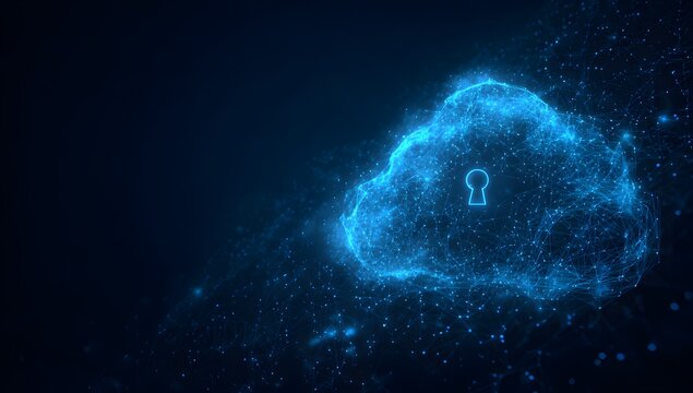 Abstract glowing blue digital cloud shape with a subtle keyhole symbol inside representing data security and cloud computing concepts isolated on transparent background