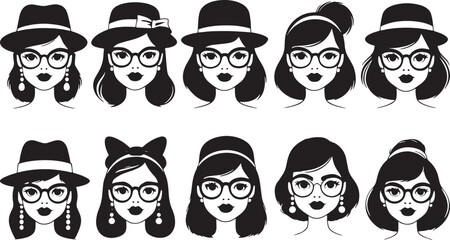 Black and White Vector Set of Women's Faces in Glasses, Hats, and Various Hairstyles