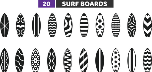 Surf Boards Icons Set - Summer Beach and Ocean Silhouette Vector Collection