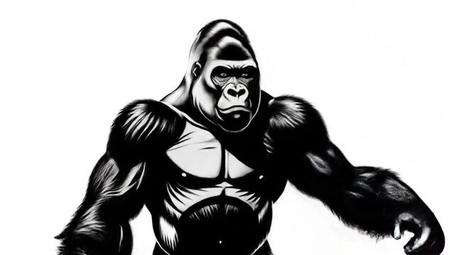 Powerful gorilla illustration in black and white isolated design element