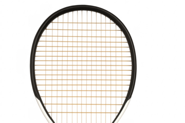 Tennis racket head with natural gut strings, ready for play