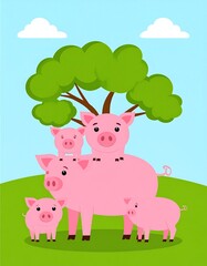 Cartoon illustration of a pig family with tree and cloudy sky