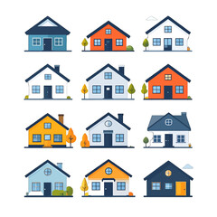 Fototapeta premium Collection of Pixelated Houses in Various Colors with Trees and Gables Against White Backgrounds