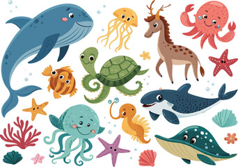 A vibrant collection of cheerful cartoon marine animals and a land mammal, including a whale, dolphin, octopus, jellyfish, seahorse, starfish, turtle, and a ...