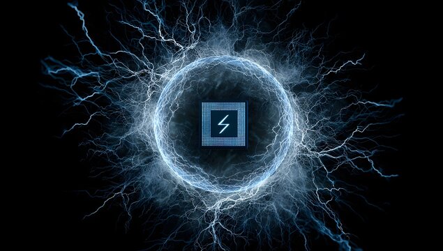 Abstract digital energy vortex with glowing circuit board symbol at its core isolated on transparent background