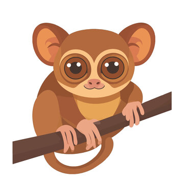 Brown Tarsier Sitting on Branch with Large Eyes in Detailed Vector Style Illustration